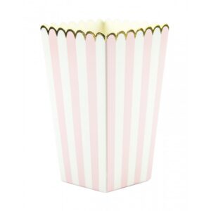 boîtes à popcorn rayées en rose pastel et blanc avec liseré doré