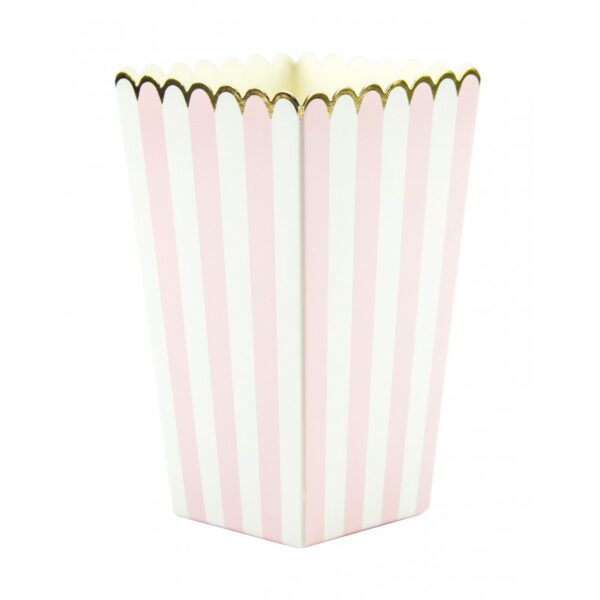 boîtes à popcorn rayées en rose pastel et blanc avec liseré doré