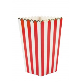 boîtes à popcorn rayées en rouge et blanc avec liseré doré