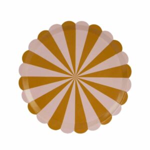 Assiettes rayées brun et rose