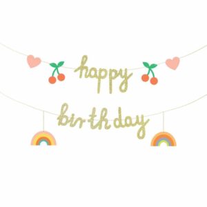 Bannière happy birthday dorée arc-en-ciel